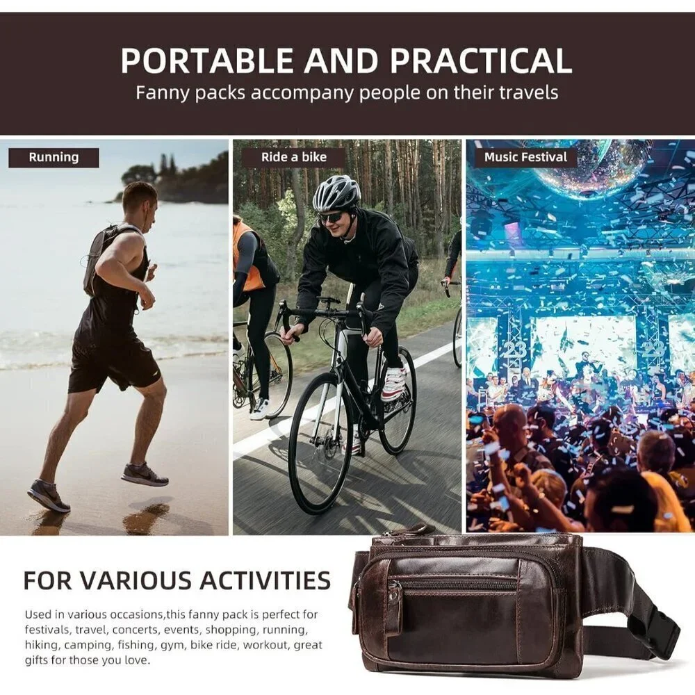 💫 Men Brown Leather Adjustable Fashion Small Travel Hiking Cycling Waist Packs